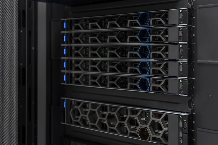 Foto centro de datos con múltiples filas de racks de servidores totalmente operativos. telecomunicaciones modernas, computación en la nube, inteligencia artificial, base de datos, concepto de tecnología de supercomputadoras. foto de alta calidad