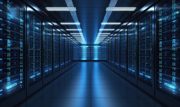 Centro de datos con múltiples filas de racks de servidores totalmente operativos Telecomunicaciones modernas Inteligencia artificial