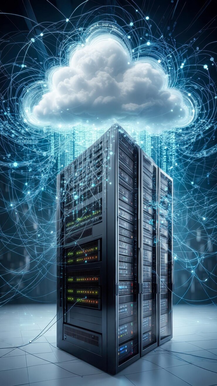 Foto centro de datos con racks de servidores y tecnología de nube digital conectada a redes