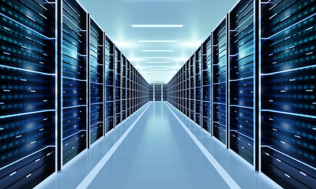 Centro de datos de la sala del servidor de seguridad de la red informática almacenamiento de datos grandes e ilustración 3D en la nube