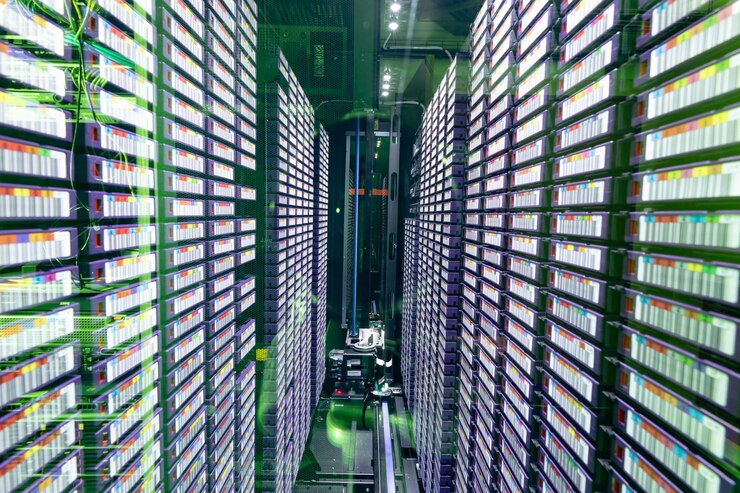 Foto centro de datos con varias filas de racks de servidores en pleno funcionamiento. concepto moderno de tecnología de computación en la nube.
