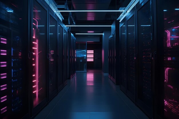 Centro de datos con varias filas de servidores completamente operativos en colores cianpúrpura Red neuronal generada en mayo de 2023 No se basa en ninguna escena o patrón real