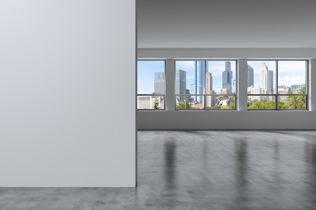 Foto centro de chicago city skyline edifícios fundo da janela copie o espaço parede branca quarto vazio interior arranha-céus ver mockup concept tempo do dia renderização em 3d