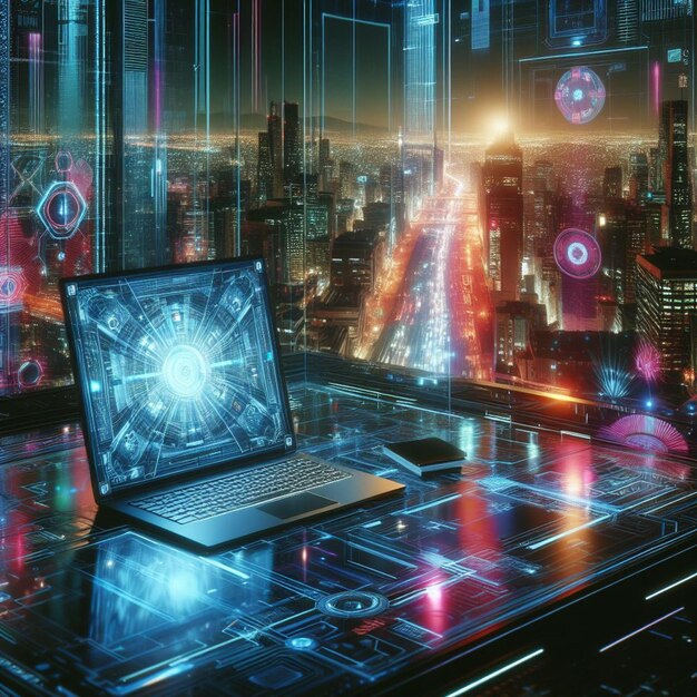 Centro de comando cyberpunk laptop holográfico mesa futurista reflexos de néon paisagem urbana virtual