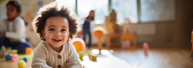 Centro de creche multicultural com bebês afro-americanos Grupo de trabalhadores com bebês