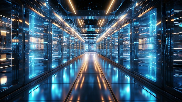 Centro de dados futurista com servidores de rede seguidos