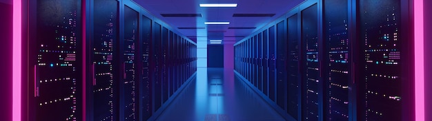 Centro de dados moderno com fileiras iluminadas de racks de servidores em um ambiente de iluminação futurista e colorido