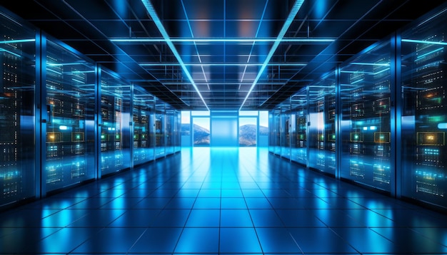 Foto centro de dados moderno de última geração com racks de servidores bem organizados emitindo um leve brilho azul