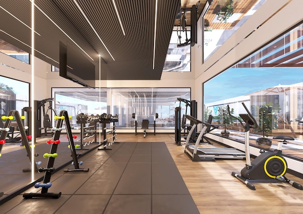 Centro de fitness de luxo com equipamentos de musculação, corrida, ioga e meditação
