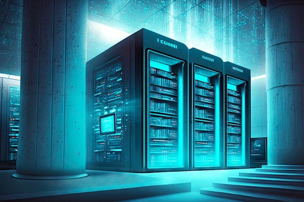 Centro de informações de tecnologia em forma de biblioteca futurista data center generativo ai