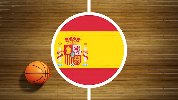 Centro de piso em parquet de quadra de basquete com bandeira da Espanha