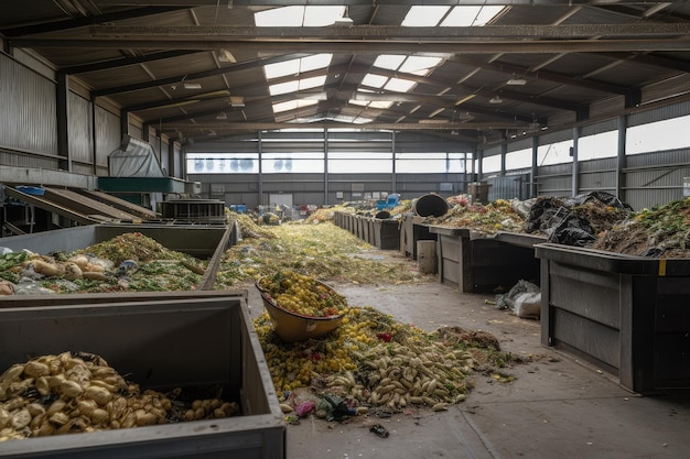 Centro de reciclagem onde resíduos de alimentos são coletados e compostados para reutilização benéfica