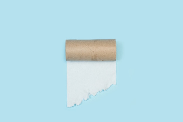 Centro de um rolo de papel higiênico com o último pedaço de papel em um fundo azul claro