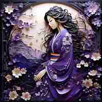 Foto en el centro de la exhibición de arte de papel una mujer está de pie con gracia en un kimono púrpura y negro
