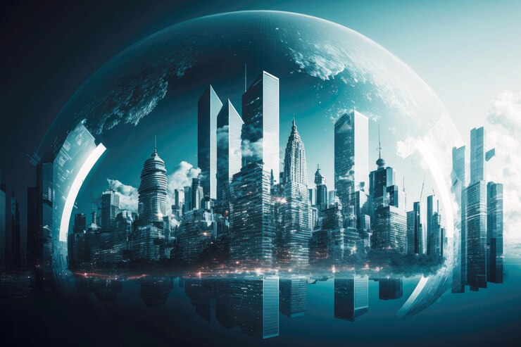 Centro financiero global ciudad inversión empresarial futura y conexión bancaria creación de doble exposición