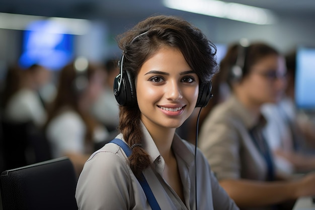 Centro de llamadas indio Representante de clientes mujer bonita comunicándose con el cliente en el micrófono