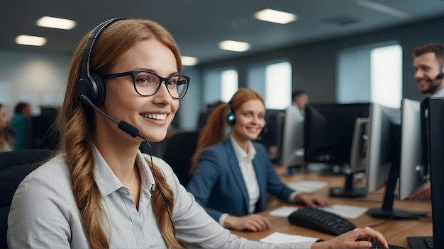 Foto centro de llamadas mujer joven y sonrisa en contacto con nosotros con auriculares crm con micrófono cónsul de servicio al cliente