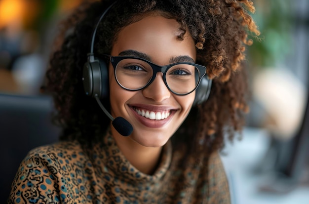 Centro de llamadas de retrato y consultoría con auriculares para ayuda de servicio al cliente o telemarketing feliz