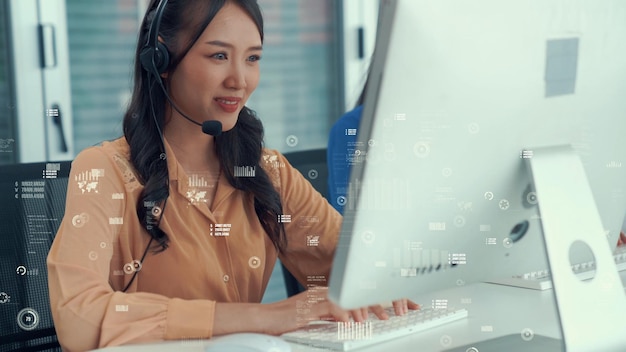El centro de llamadas de soporte al cliente proporciona datos con gráficos imaginarios