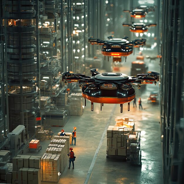 Un centro logístico avanzado con drones impulsados por IA que gestionan el inventario y las entregas que muestran la eficiencia de la automatización y el futuro de la gestión de la cadena de suministro