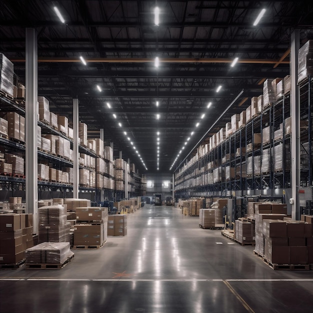 Foto centro logístico bien iluminado con techos altos generados por ia