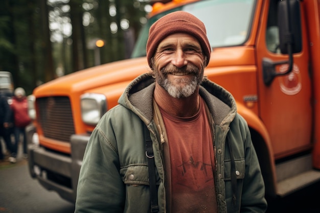 Centro logístico camiones de carga transporte envío camión entrega carga carretera retrato hombre conductor