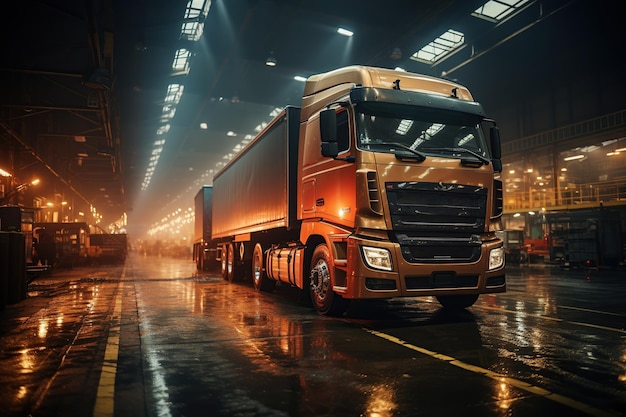 Centro logístico dinámico Camiones cargando mercancías moviéndose a través de almacenes trabajadores orquestando Generado con IA