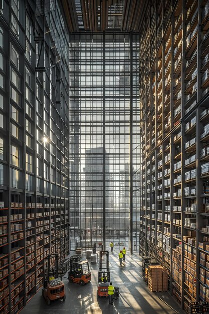 Foto centro logístico con estantes altos y trabajadores