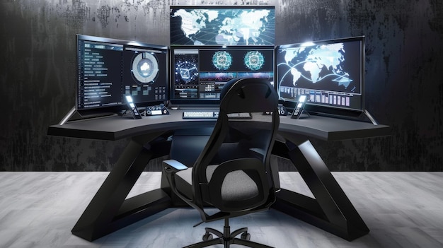 Centro de mando futurista moderno con múltiples pantallas de computadora que muestran datos y mapas en un escritorio elegante