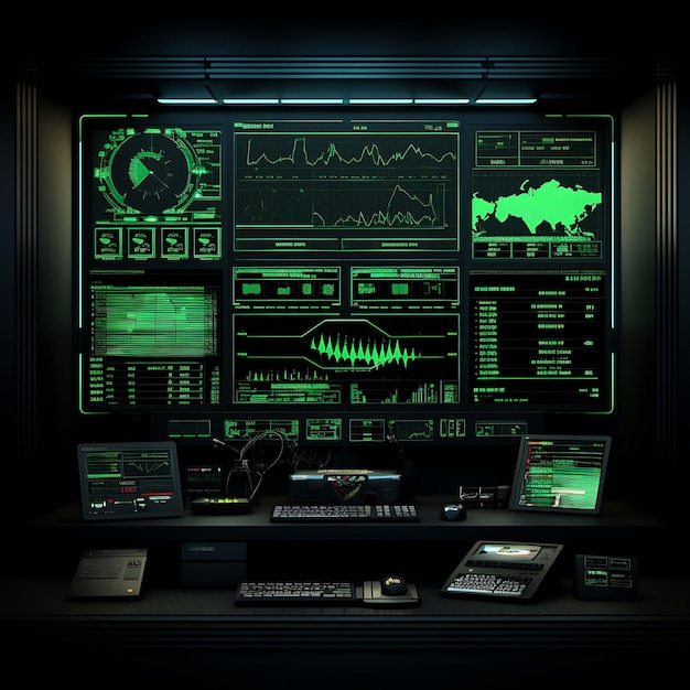 Foto un centro de mando de marco de cuartel general de hacking con concepto de superposición de camisetas de clipart 2d de pantalla múltiple