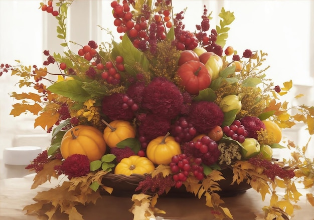 Foto un centro de mesa con una cornucopia rebosante de frutas de otoño.