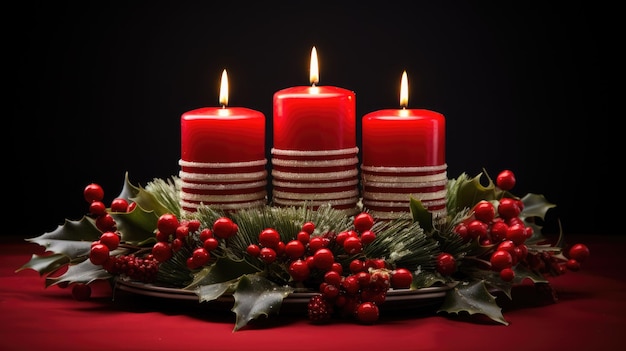 Un centro de mesa con velas resplandecientes para Navidad