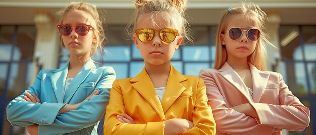 Un centro de negocios está rodeado por tres chicas pequeñas, serias y elegantes que llevan trajes de negocios y gafas de sol.