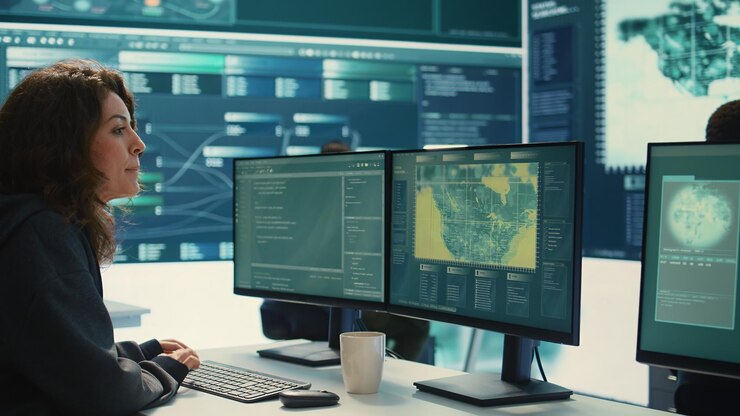 Foto centro de operaciones cibernéticas con hackers gubernamentales trabajando en seguridad digital
