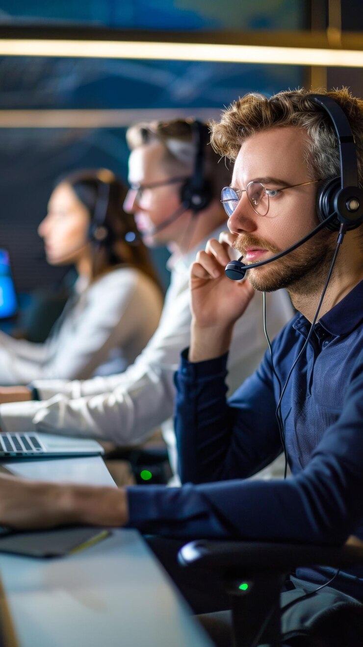 Centro de operaciones con operadores de centros de llamadas que usan auriculares y trabajan con computadoras portátiles