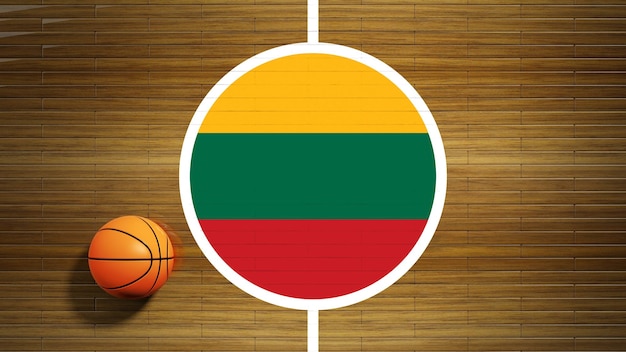 Centro de piso de parquet de cancha de baloncesto con bandera de Lituania