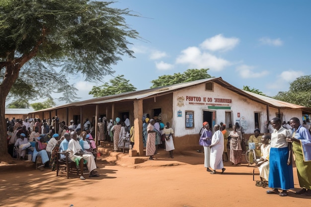 Un centro de salud comunitario con varios profesionales médicos que brindan atención médica.