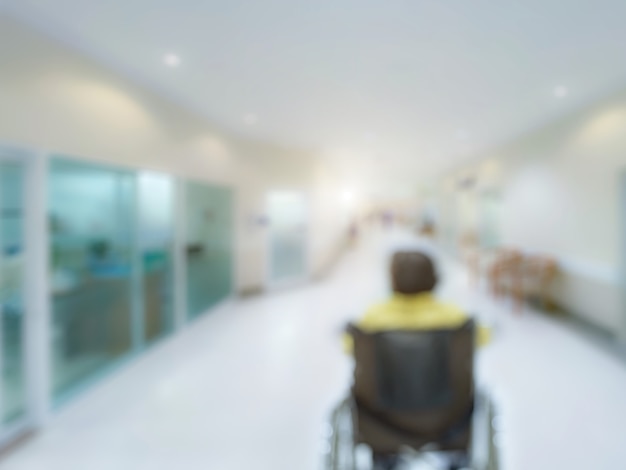 Centro de servicio del hospital de fondo borroso de la clínica médica en la sala del paciente vista en perspectiva borrosa del pasillo del pasillo del laboratorio, el vestíbulo o la pasarela para el servicio de atención médica