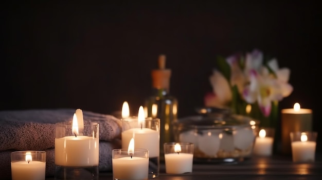 Centro de terapia de masaje de spa o meditación ajuste de mesa de velas aromáticas toallas