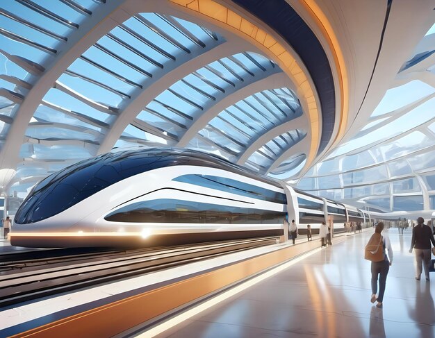 Foto un centro de transporte futurista con trenes de alta velocidad y portales de teletransportación