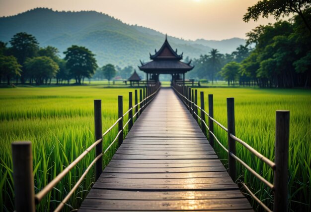 Un centro de transporte público cerca de un puente de bambú con vistas a los exuberantes campos de arroz en Lampang