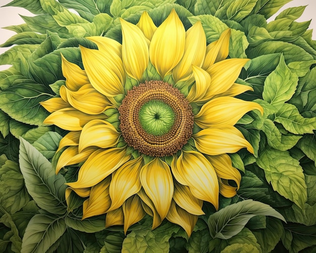 El centro verde de un gran girasol capturado en un primer plano Ilustración IA generativa