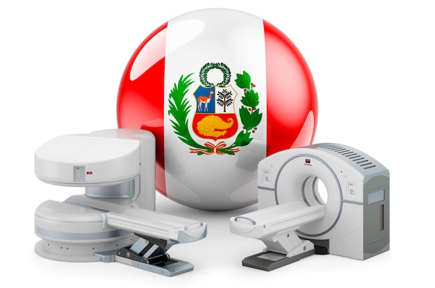 Centros de investigación de diagnóstico de resonancia magnética y tomografía computarizada en Perú Máquina de resonancia magnética y escáner de tomografía computarizada con renderizado 3D de bandera peruana