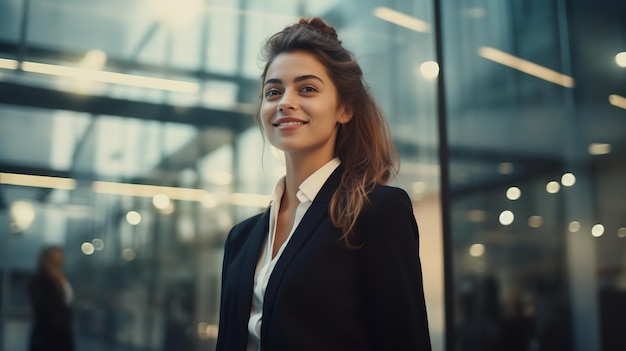 CEO de buen humor parado en su oficina con los brazos cruzados Abogado líder empresarial y gerente ejecutivo sonriendo con madurez y confianza vistiendo un traje azul Generative Ai