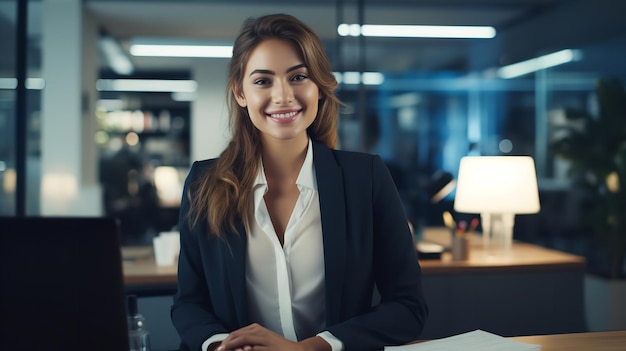 CEO de buen humor parado en su oficina con los brazos cruzados Abogado líder empresarial y gerente ejecutivo sonriendo con madurez y confianza vistiendo un traje azul Generative Ai