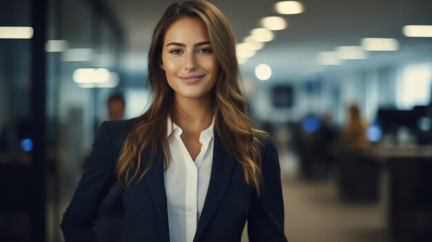 CEO de buen humor parado en su oficina con los brazos cruzados Abogado líder empresarial y gerente ejecutivo sonriendo con madurez y confianza vistiendo un traje azul Generative Ai