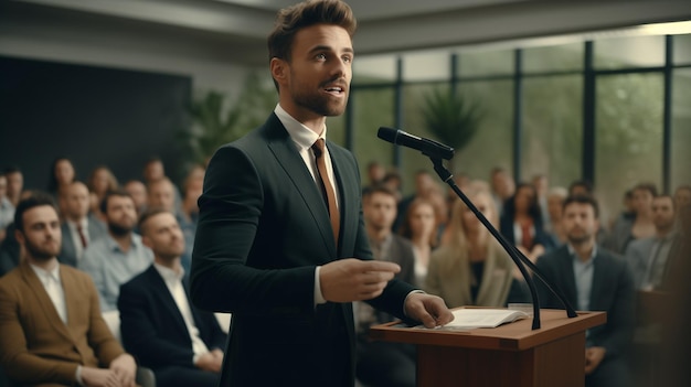 CEO de una compañía dando un discurso frente a los empleados en la oficina hablando de su visión