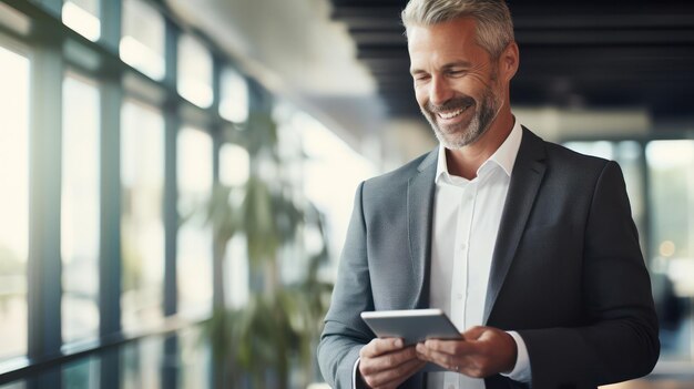 CEO de meia-idade, empresário sorridente, envolvido com a liderança visionária do tablet em ação