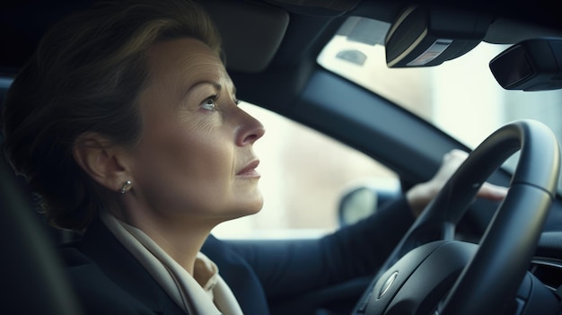 CEO Feminina Caucasiana Madura Praticando um discurso para uma próxima conferência em um carro estacionado Generative AI AIG22