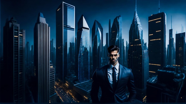 CEO futurista explorando los rascacielos urbanos y el éxito